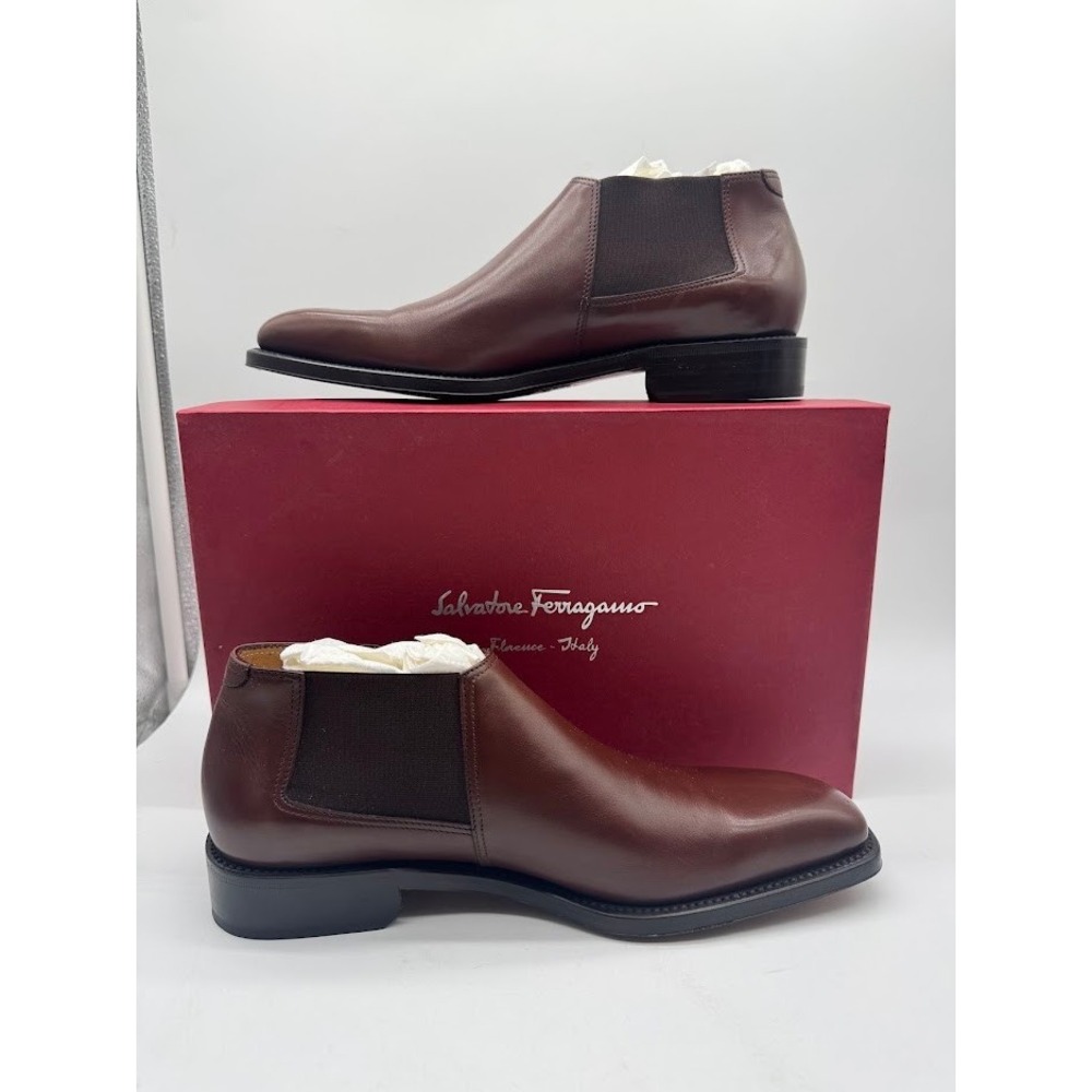 Salvatore Ferragamo Mens 8.5 D Brown Leather Chelsea Boots Italy Square Toe